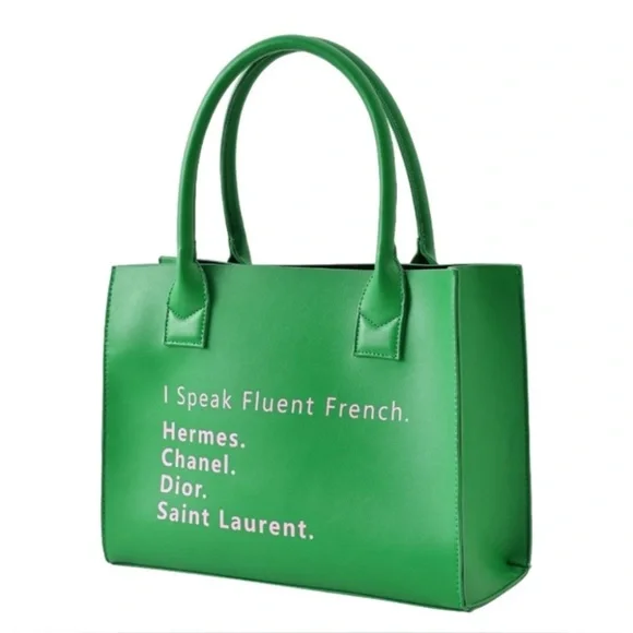 NWT Trendy Green Tote “I Speak Fluent French” Fashion Bag - Picture 1 of 7